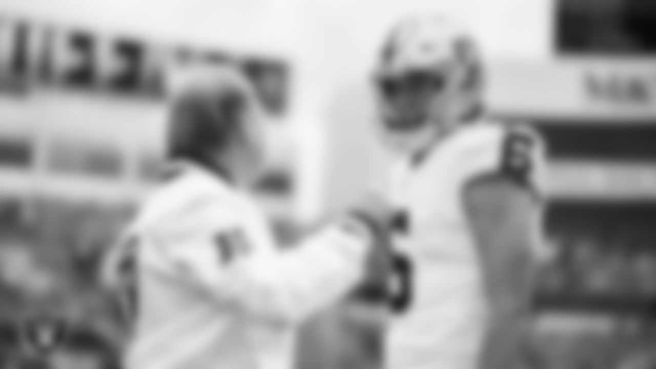Las Vegas Raiders Owner Mark Davis and punter AJ Cole (6) before the regular season away game against the Buffalo Bills at Highmark Stadium.