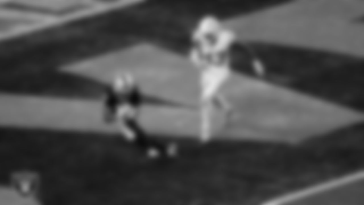 Las Vegas Raiders wide receiver Tre Tucker (11) makes a 20-yard touchdown catch during the regular season home game against the Los Angeles Chargers at Allegiant Stadium.